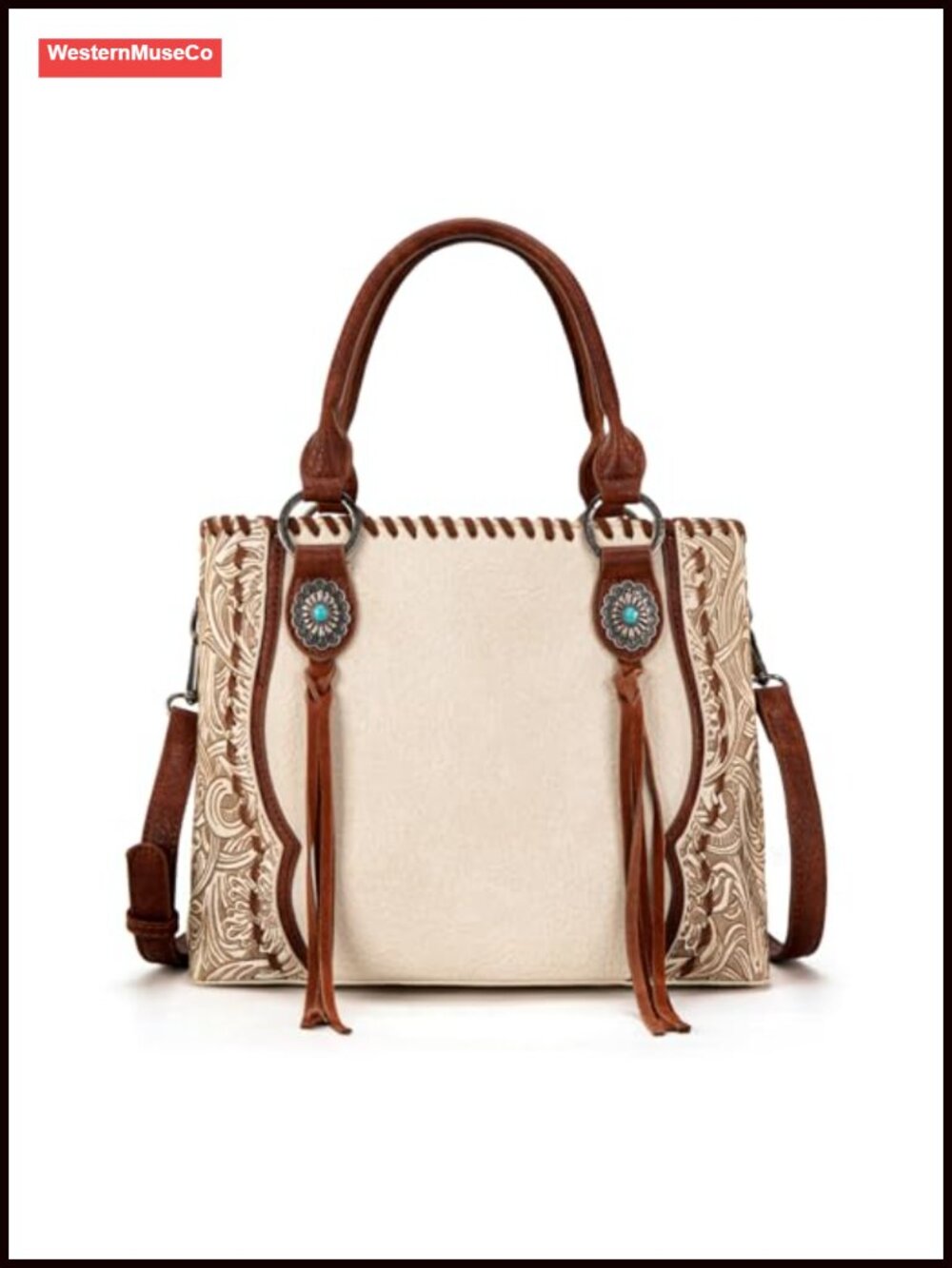 Western Floral Tooled Concho Tote Bag with Crossbody Strap